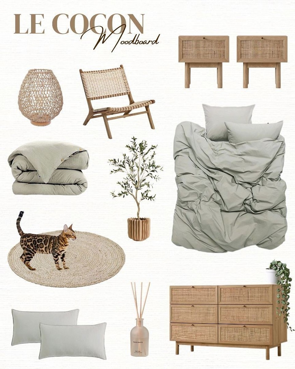 Moodboard LE COCON, moodboard chambre, inspiration chambre cosy, inspiration chambre adulte, idée décoration de chambre, planche d'ambiance, décoration d'intérieur, décoratrice d'intérieur à distance, prestation déco, formule déco, coaching déco, conseil déco, rénovation