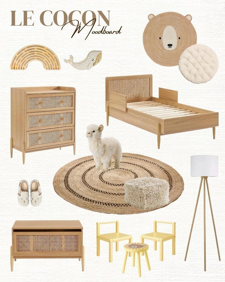 Moodboard LE COCON, moodboard chambre enfant, inspiration chambre enfant, inspiration chambre bébé, idée décoration de chambre, planche d'ambiance, décoration d'intérieur, décoratrice d'intérieur à distance, prestation déco, formule déco, coaching déco, conseil déco, rénovation