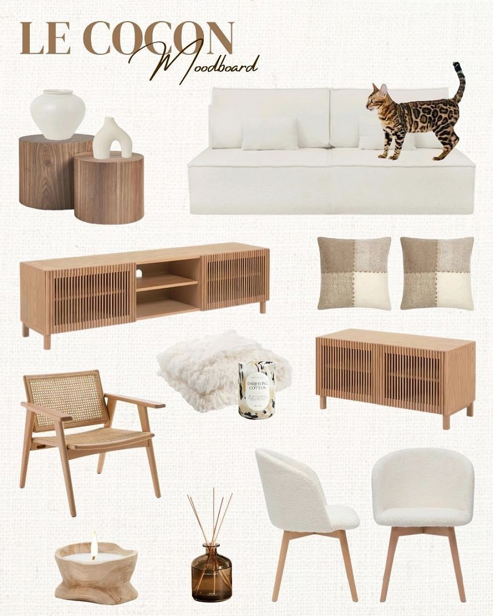 Moodboard LE COCON, inspiration salon, inspiration pièce de vie, idée décoration de salon, planche d'ambiance, décoration d'intérieur, décoratrice d'intérieur à distance, prestation déco, formule déco, coaching déco, conseil déco