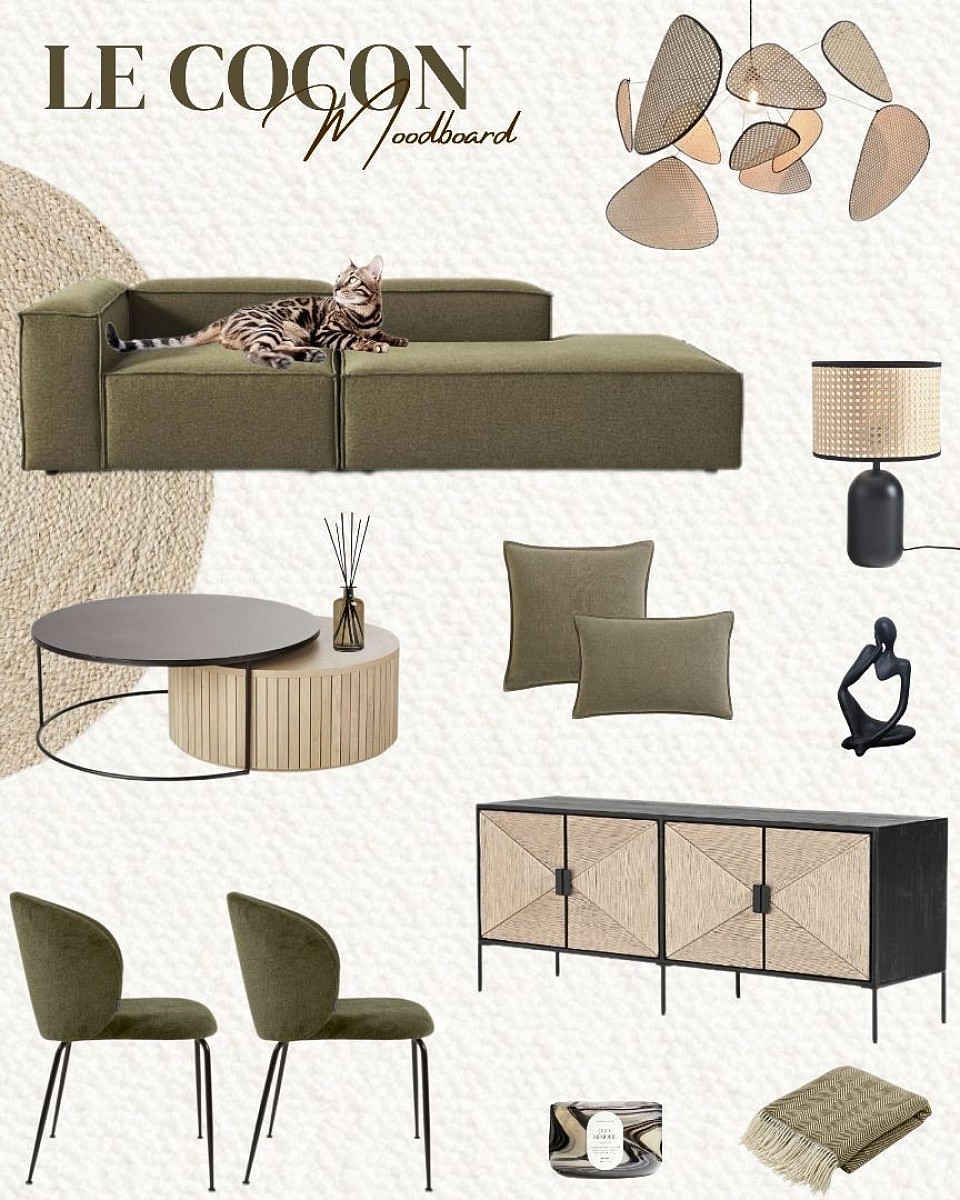 Moodboard LE COCON, inspiration salon, inspiration pièce de vie, idée décoration de salon, planche d'ambiance, décoration d'intérieur, décoratrice d'intérieur à distance, prestation déco, formule déco, coaching déco, conseil déco