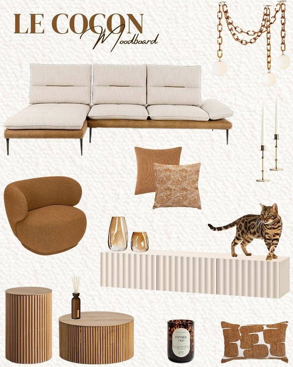 Moodboard LE COCON, inspiration salon, inspiration pièce de vie, idée décoration de salon, planche d'ambiance, décoration d'intérieur, décoratrice d'intérieur à distance, prestation déco, formule déco, coaching déco, conseil déco