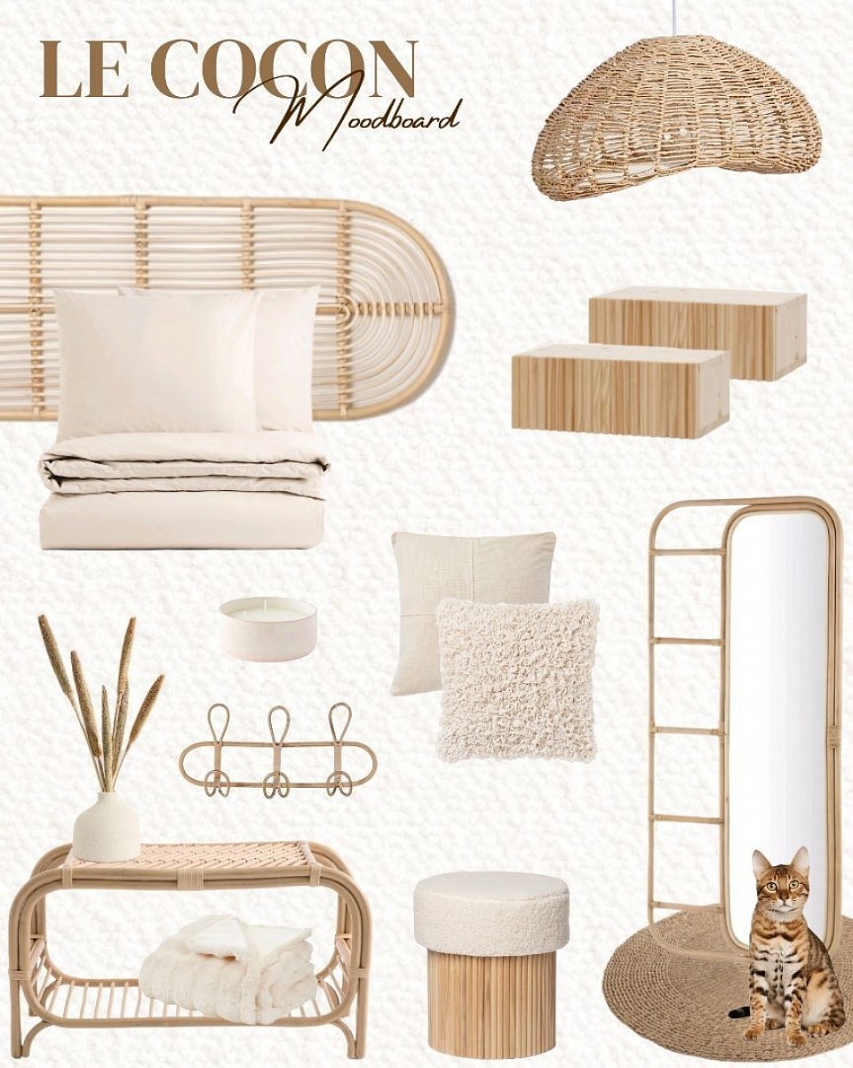 moodboard chambre cosy cocooning bambou bois crème écru