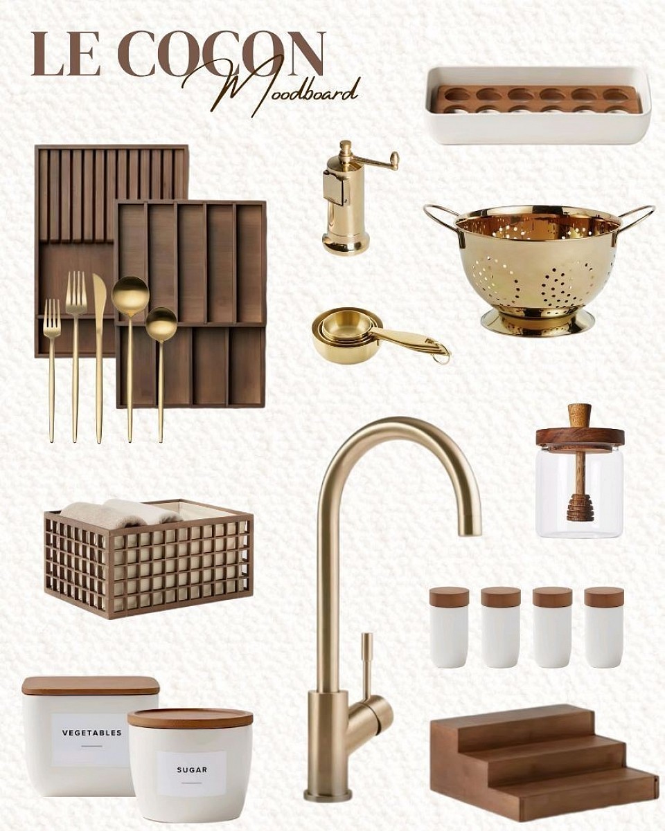 Moodboard LE COCON, moodboard cuisine, inspiration cuisine, inspiration cuisine, idée décoration de cuisine, organisation cuisine, optimisation cuisine, planche d'ambiance, décoration d'intérieur, décoratrice d'intérieur à distance, prestation déco, formule déco, coaching déco, conseil déco, rénovation