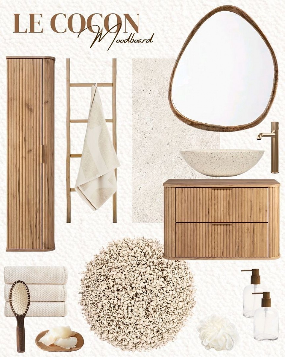 Moodboard LE COCON, moodboard salle de bain, inspiration salle de bain, inspiration sdb, idée décoration de salle de bain, planche d'ambiance, décoration d'intérieur, décoratrice d'intérieur à distance, prestation déco, formule déco, coaching déco, conseil déco, rénovation