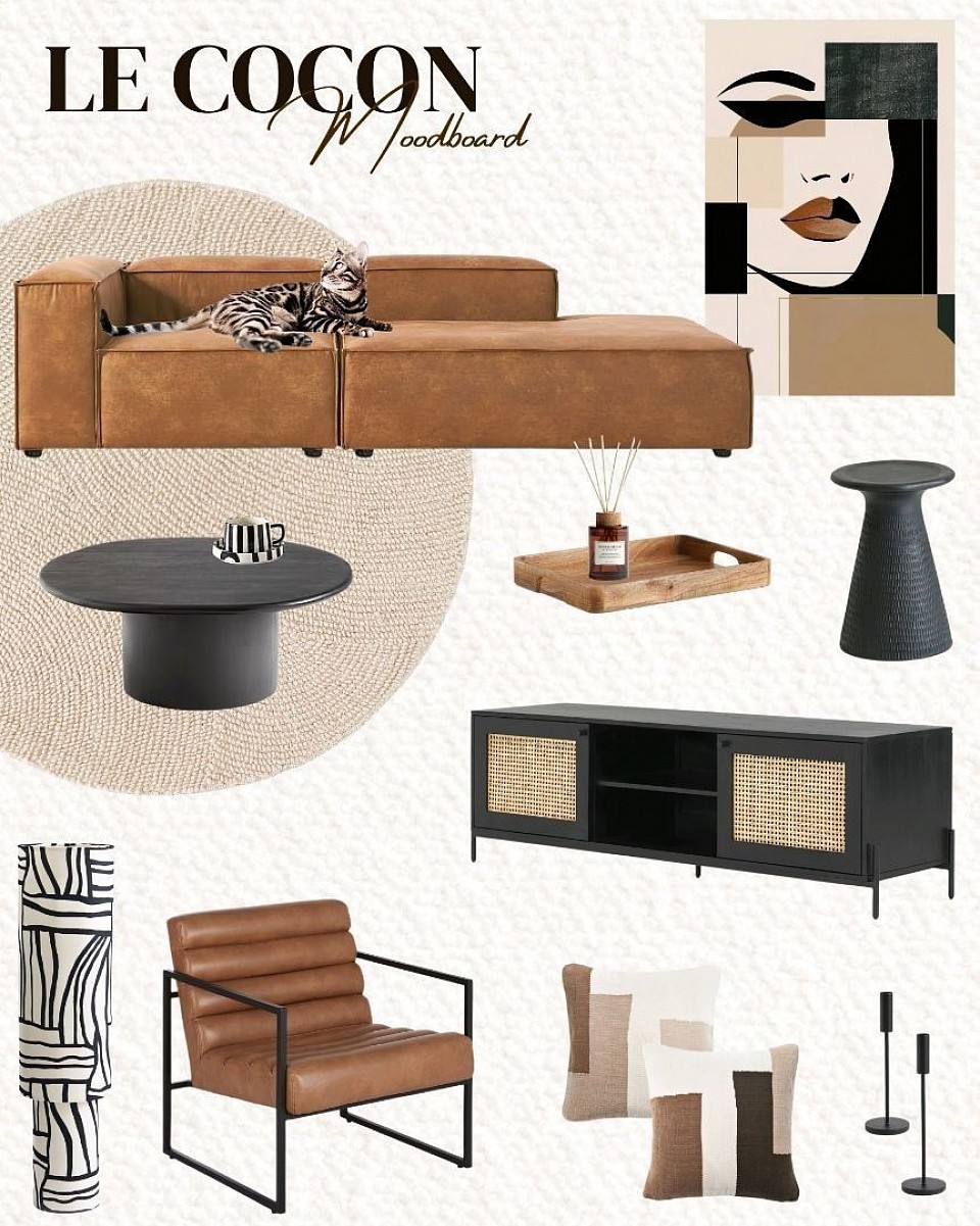 Moodboard LE COCON, moodboard salon, inspiration salon, inspiration pièce de vie, idée décoration de salon, planche d'ambiance, décoration d'intérieur, décoratrice d'intérieur à distance, prestation déco, formule déco, coaching déco, conseil déco, rénovation