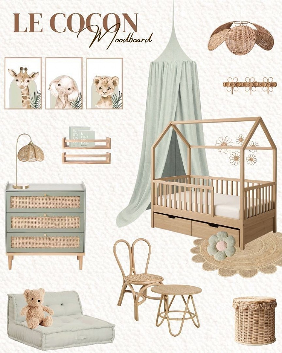 Moodboard le cocon, moodboard chambre enfant le cocon, inspiration chambre enfant, inspiration chambre bébé, idée décoration de chambre, planche d'ambiance, décoration d'intérieur, décoratrice d'intérieur à distance, prestation déco, formule déco, coaching déco, conseil déco, rénovation, le cocon, le cocon deco, le cocon moodboard