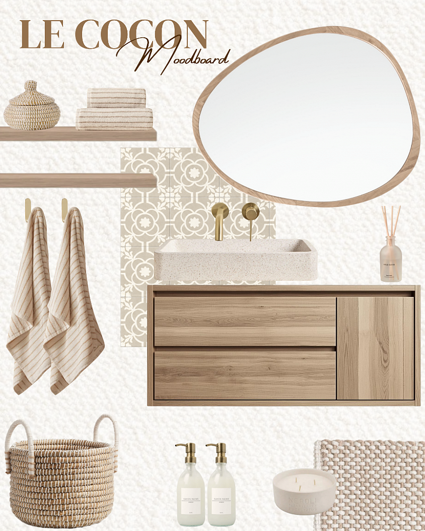 Moodboard salle de bain, inspiration salle de bain, salle de bain bois, salle de bain bois et blanc, salle de bain bois et beige, salle de bain naturelle, décoration salle de bain, idées déco salle de bain, embellissement salle de bain, décoratrice d'intérieur salle de bain, décoratrice d'intérieur à distance, décoratrice d'intérieur en ligne, déco salle de bain, décoratrice d'intérieur Hauts-de-Seine, décoratrice d'intérieur 92, le cocon, le cocon déco